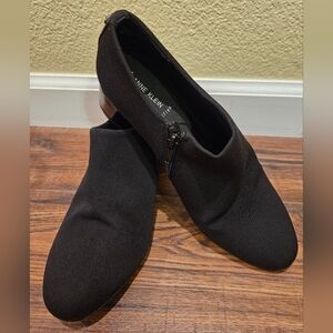 Anne Klein iflex Zip Ankle Booties Black Size 7.5 Fabric Top Patent Leather Heel